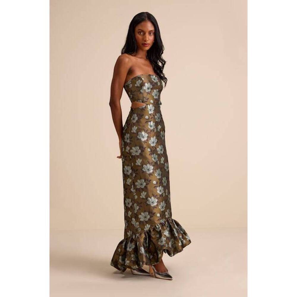 Lulu's Olive Floral Strapless Cutout Maxi with Ruffle Hem
